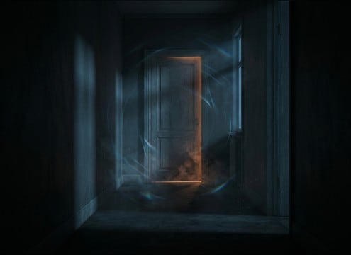 Muffled snoring leaking under a door in a hallway