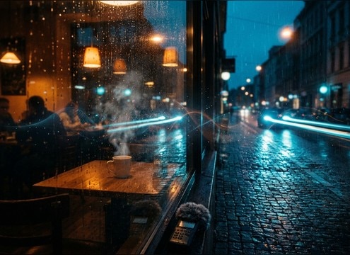 Gentle rain outside cafe ambience bed
