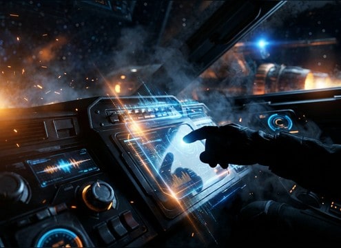 Futuristic cockpit UI beeps layered over spacecraft controls
