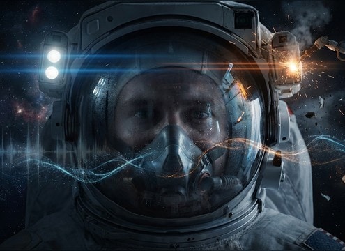 Astronaut breathing inside a helmet during an EVA scene