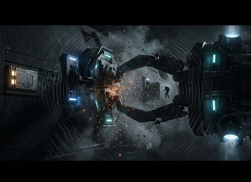 Spaceship docking clamp impact sound for a docking bay scene
