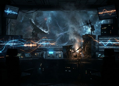 Radio static and mission control chatter for a space communication scene