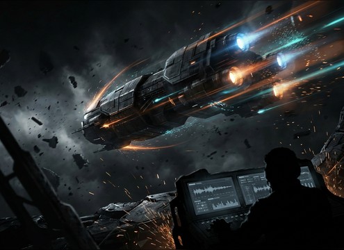 Spaceship flyby sound timed to a trailer shot