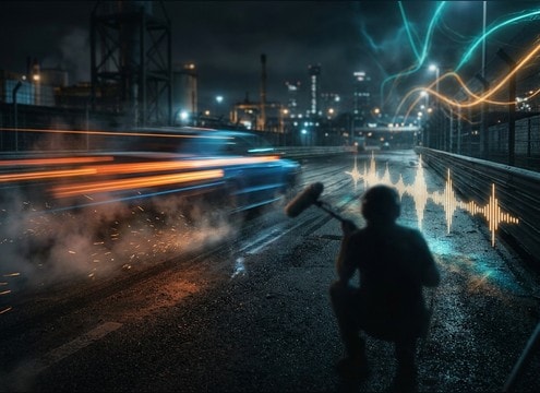 Racing montage timeline with doppler pass-by sound effects