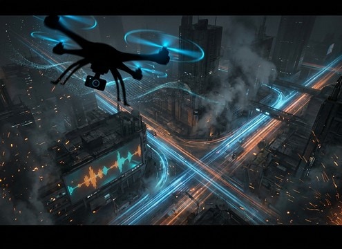 Drone flyover of a city with a long flyby sound placed on the shot