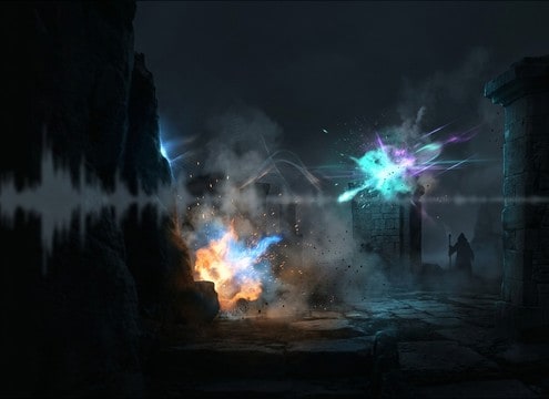 Spell SFX layered for a wizard duel scene