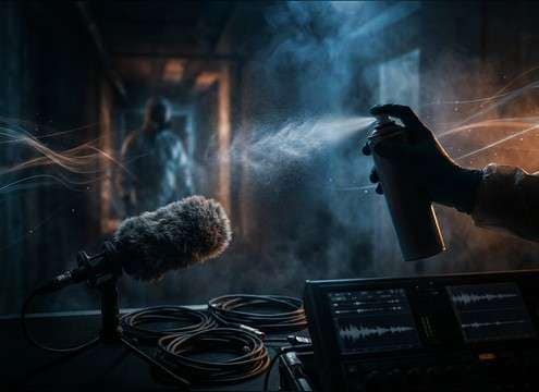 Aerosol disinfectant spray sound in indoor scene