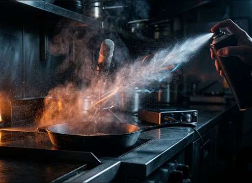 Cooking oil spray sound effect in kitchen close-up