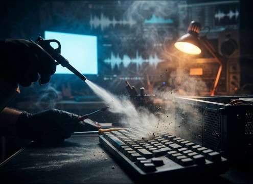 Compressed air duster spray sound for keyboard cleaning