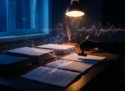 Teacher stamping papers on a desk