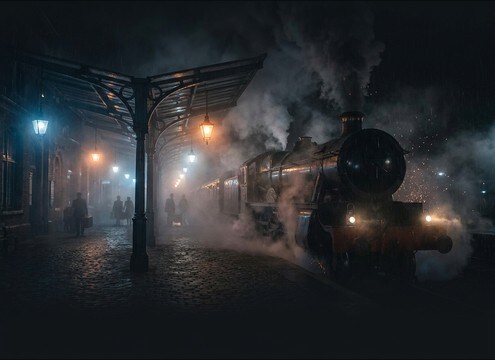 Steam train station scene sound design with distant whistle and platform ambience