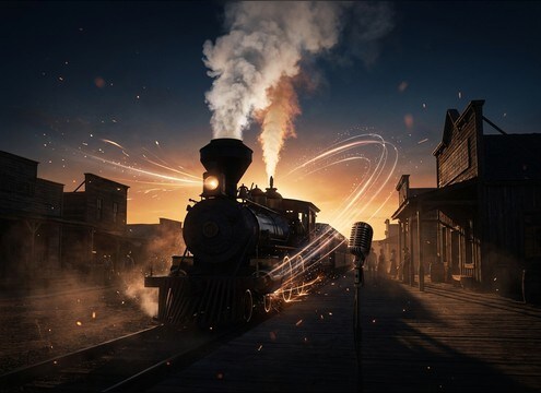 Steam locomotive arrival sound effect for western town establishing shot