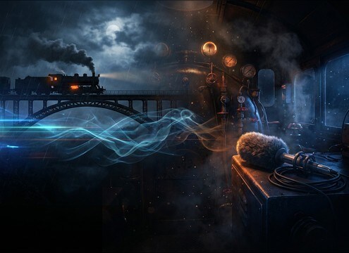 Steam train transition sound effect for an audio drama scene change