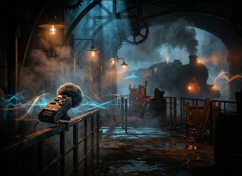 Theme park queue ambience featuring distant steam train pass-bys and steam hisses