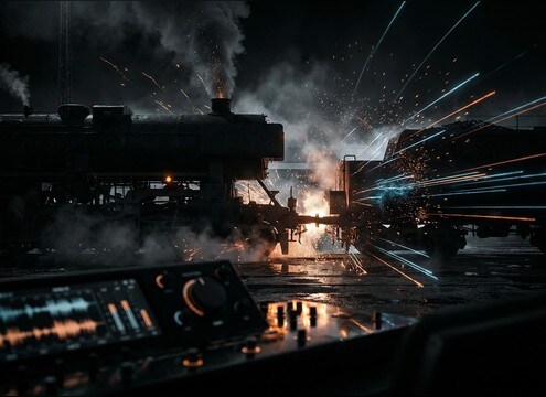 Cinematic trailer hit made from a steam train whistle stab and coupling clank