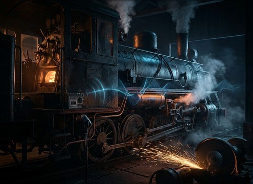 Educational video sound layer using steam locomotive chuffs, steam release hiss, and cab controls
