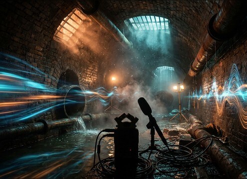 Sewer tunnel ambience bed with drips and airy haze