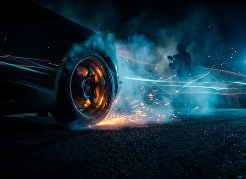 Brake squeal stop sound synced to a car scene