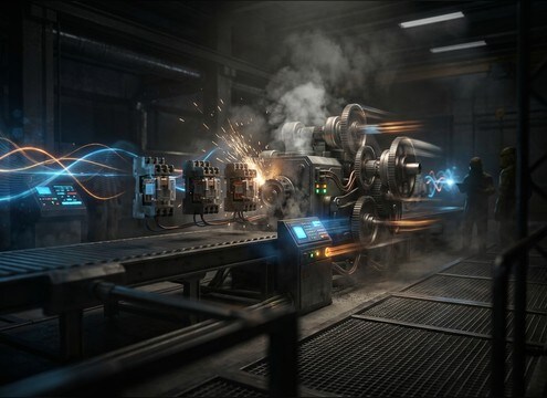 Machine shutdown stop sounds for a factory montage