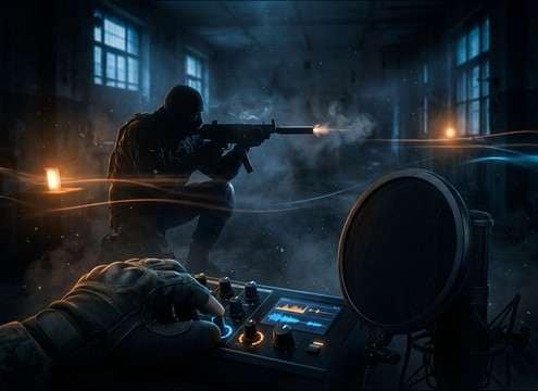 Suppressed pistol shot synced to stealth takedown scene