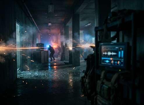 Suppressed gunfire in a hallway with quick edits