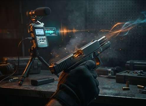 Gun reload close-up with slide rack and casing ejection sounds