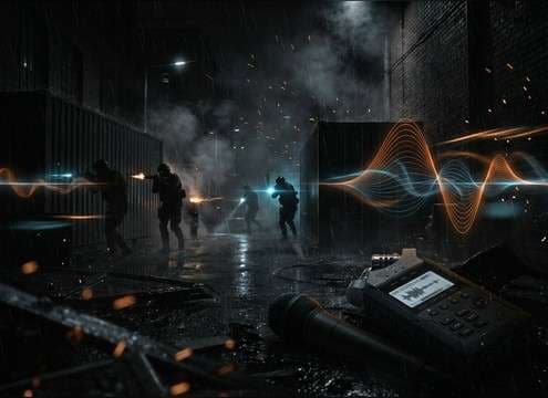 Distant suppressed shots outside during a night raid scene