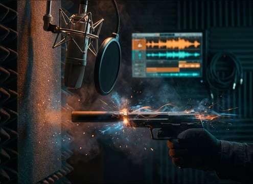 Audio drama timeline with close-mic suppressed gunshot clips