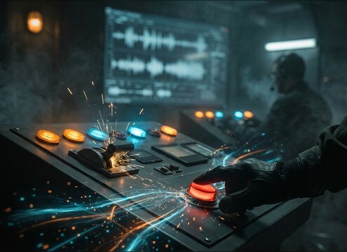 Audio drama script cue marked by a switch flip sound