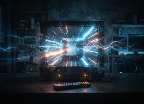 Television turning on sound effect synced to a screen cut