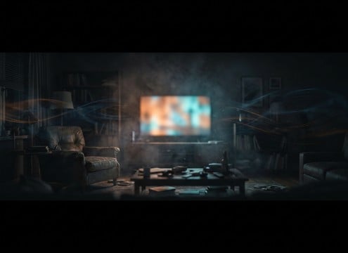 Distant TV playing ambience under conversation in a living room