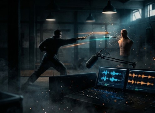 Action scene timeline with a thrown object sound effect placed on impact