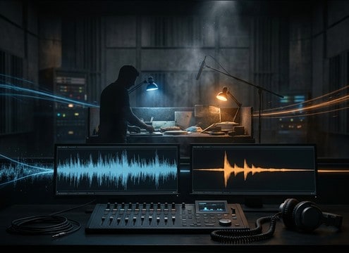 Waveform view showing cleaned throw whoosh replacing noisy production audio