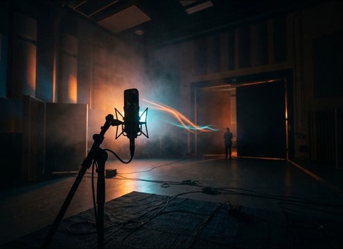 Audio drama session with distant throw and impact cues