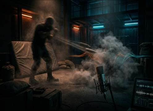 Stunt performer taking a body hit with emphasized thud foley