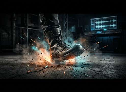 Close-up of a boot stomping the ground with a heavy thud