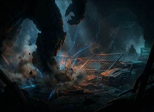 Large creature landing with dust and a deep thud impact