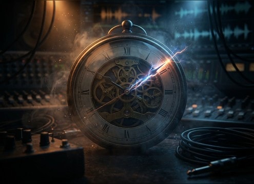 Close-up clock shot supported by a crisp ticking sound effect