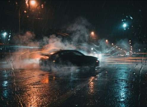 Wet skid tire screech for a rainy car chase