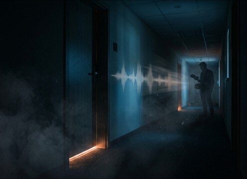 Hotel scene edit using a muffled toilet flush heard through a wall