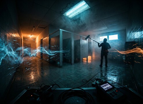 Restroom ambience track layered with a public restroom flush sound