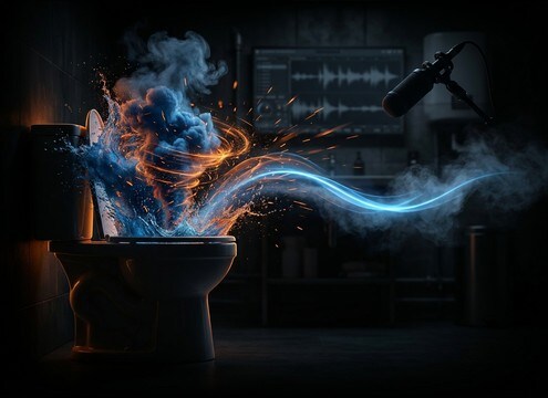 Commercial edit featuring a strong clean toilet flush for a plumbing ad