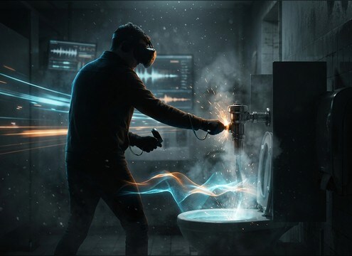 VR interaction triggering handle click and toilet flush sound