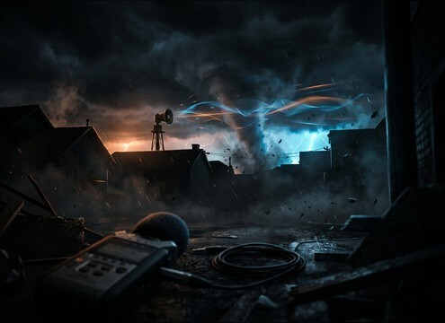 Distant tornado siren sound effect for a small-town exterior scene
