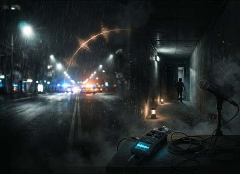 Audio drama scene transitioning from outside siren to indoor muffled warning