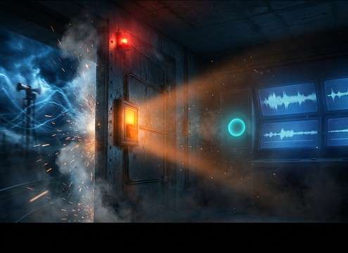 Storm shelter entrance scene with buzzer and muffled siren