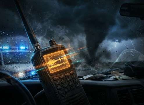 Radio scanner montage with weather alert tone and static