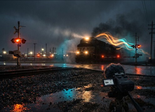 Train at a level crossing with warning lights and horn cue