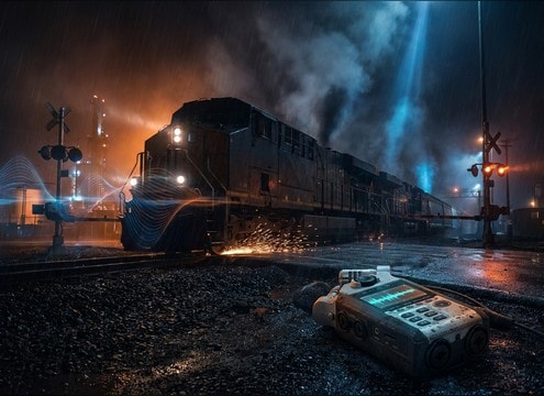 Long freight train passing by a trackside camera