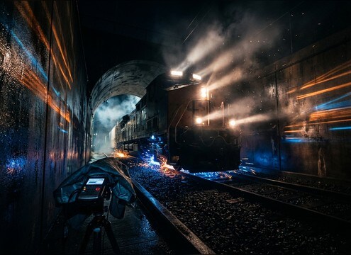 Train entering a tunnel with echoing horn